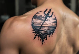 trident with Poseidon half way under calm water at sunset tattoo idea