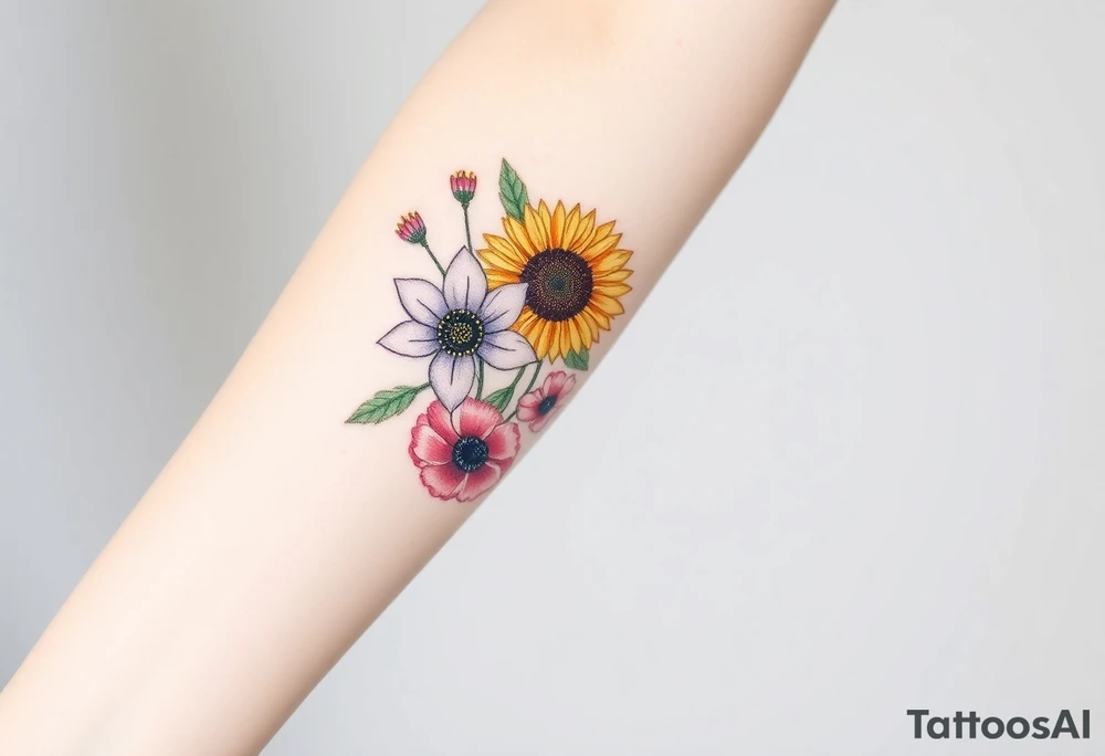 Small watercolour bouquet of wild flowers including Lilly stargazers, sunflowers, poppies and peonies to be placed on forearm tattoo idea