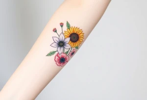 Small watercolour bouquet of wild flowers including Lilly stargazers, sunflowers, poppies and peonies to be placed on forearm tattoo idea