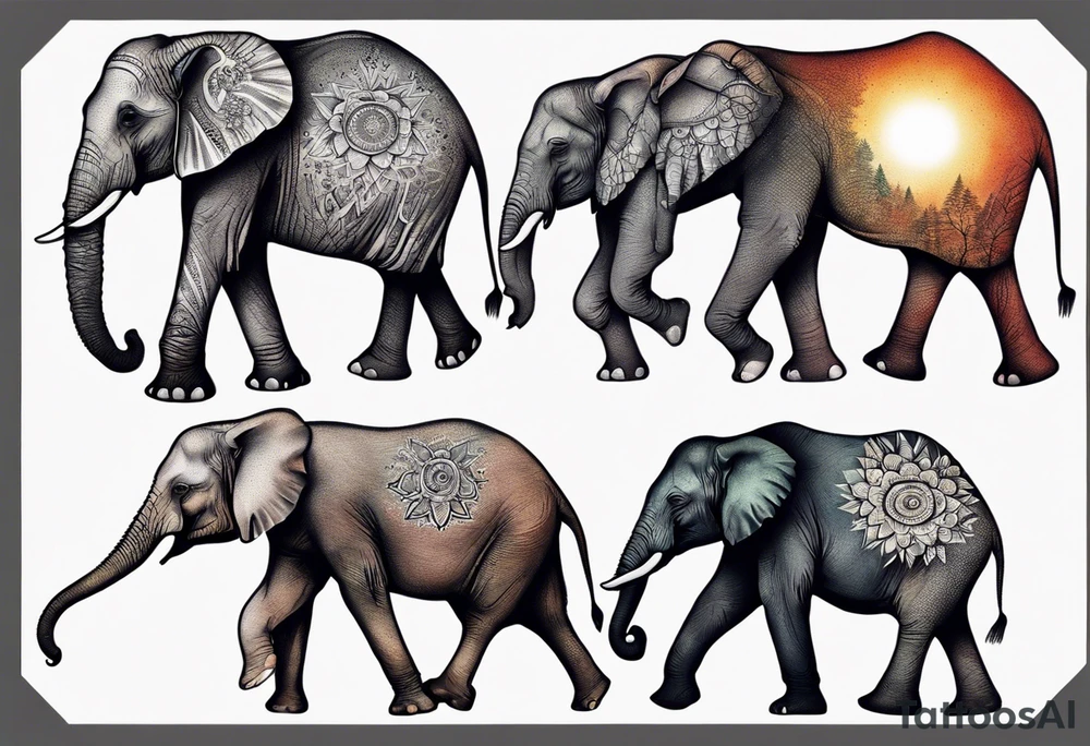 family of 6 elephants walking into sunset tattoo idea