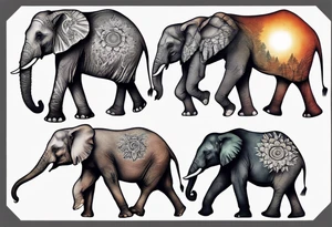 family of 6 elephants walking into sunset tattoo idea