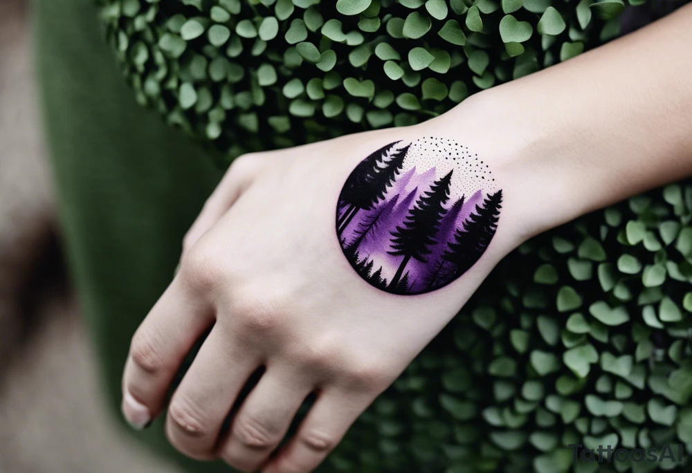 forest, abstract, on hand, no people, purple and black, full, whole wrist wrapped, filled, blackwork tattoo idea