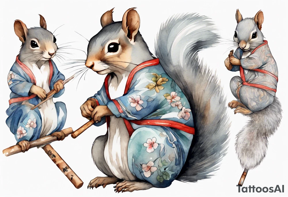 a sad grey squirrel dressed in a tunic holding a large shimmering stick tattoo idea