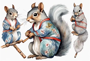 a sad grey squirrel dressed in a tunic holding a large shimmering stick tattoo idea