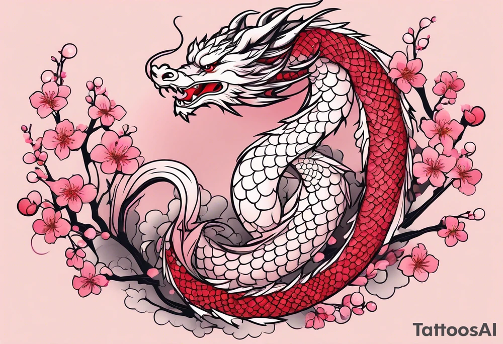 Delicate feminine simple dragon intertwined in cherry blossom, soft lines, soft dragon, pleasant dragon, beautiful cherry blossom tattoo idea