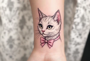 A soft white-and-pink cat with pink bow tattoo brings Marie’s elegance from The Aristocats to life. tattoo idea