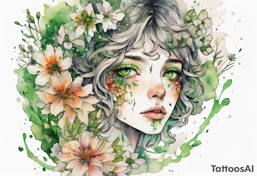 a handsom face covered in flowers with green eyes tattoo idea