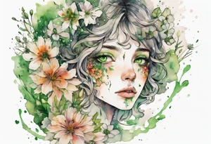 a handsom face covered in flowers with green eyes tattoo idea