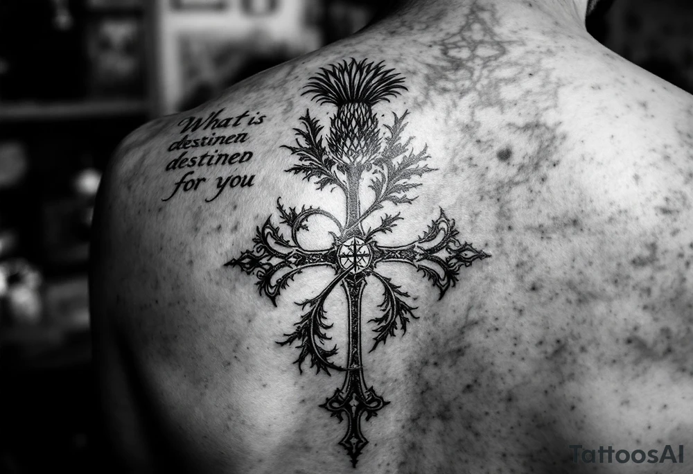 include the Scottish Gaelic translation of, "What is destined for you won't pass you by" and the Scottish thistle along with a Scottish Celtic cross. To be tattooed on the forearm tattoo idea