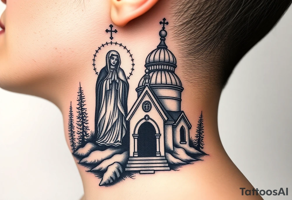 russian design traditional virgin mary stood beside the entrance of a russian orthodox dome church on the side of the neck in a wilderness setting with the design spread out the side of the neck tattoo idea