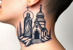 russian design traditional virgin mary stood beside the entrance of a russian orthodox dome church on the side of the neck in a wilderness setting with the design spread out the side of the neck tattoo idea