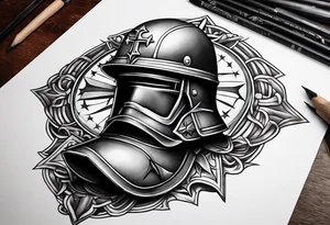 traditional battlefield cross with helmet, m-16 and boots tattoo idea