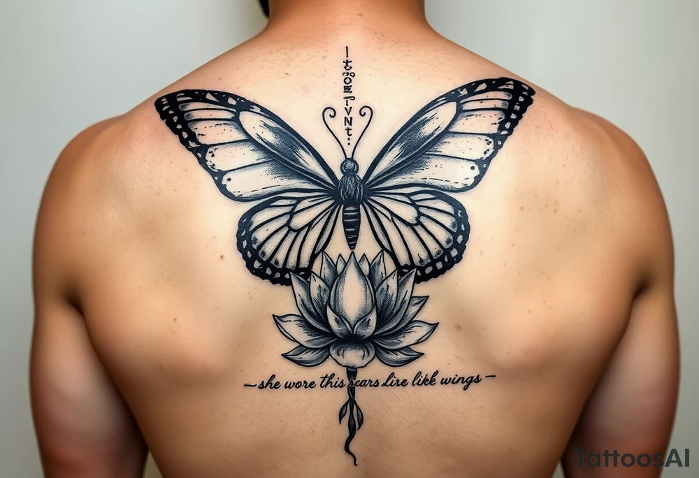 butterfly with cracked wings and lotus flower with quote that says “she wore her scars like wings” all down spine but very elegant towards lower back and small tattoo idea