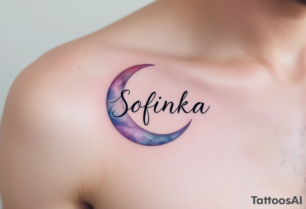 Sofinka name nestled within a crescent moon, shaded in light silver and pastel violet. tattoo idea
