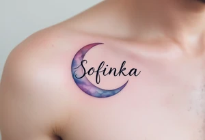 Sofinka name nestled within a crescent moon, shaded in light silver and pastel violet. tattoo idea