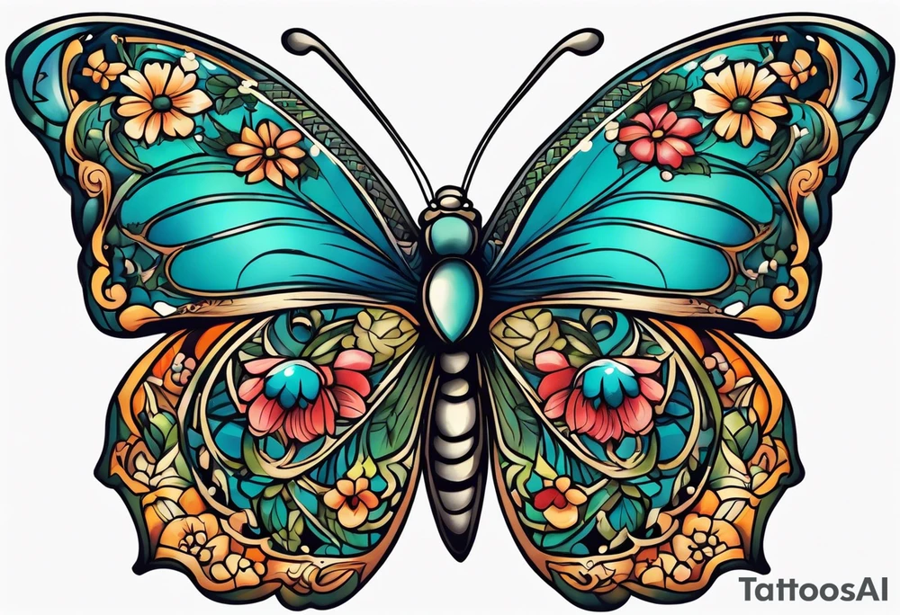 butterfly old school traditional vintage bold colorful with vintage flowers tattoo idea