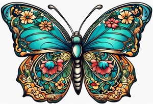 butterfly old school traditional vintage bold colorful with vintage flowers tattoo idea