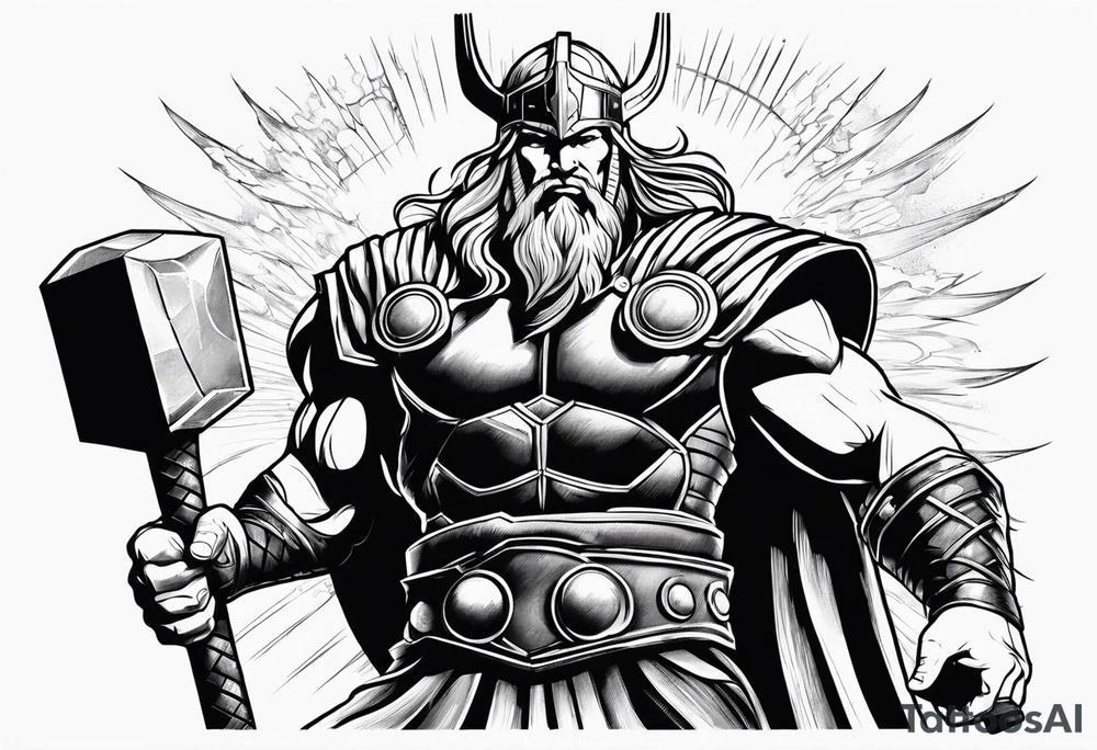 Thor mit Hammer in der Hand kämpft gegen riesige Schange tattoo idea