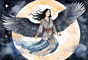 a beautiful 55 year old Dakota woman wearing a tunic, flying in the night sky with raven wings, bare feet tattoo idea