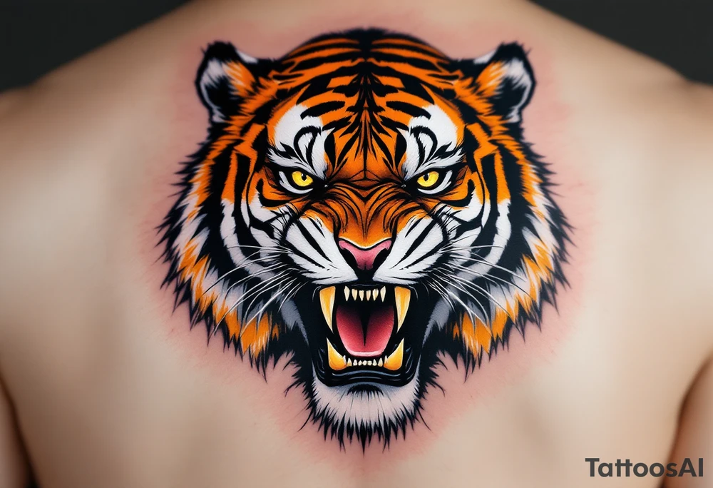 A snarling tiger with piercing yellow eyes, fur detailed in deep orange, white, and jet black stripes include shadows as well tattoo idea