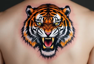 A snarling tiger with piercing yellow eyes, fur detailed in deep orange, white, and jet black stripes include shadows as well tattoo idea