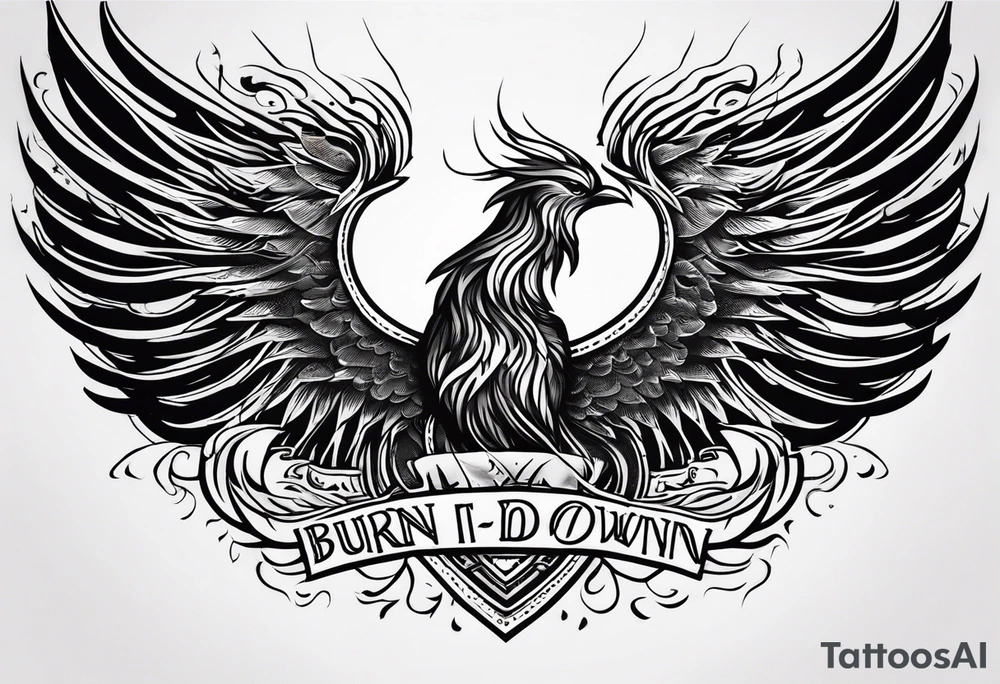 Bold text "BURN IT DOWN" engulfed with flames and smoke of a phoenix tattoo idea