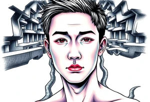 Handsome Asian young guy lost in a nightmarish labyrinth tattoo idea