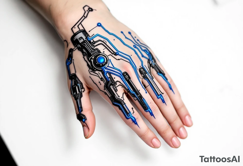 A futuristic biomechanical hand design with sapphire-blue lines tracing each finger like circuits. tattoo idea