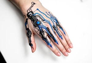 A futuristic biomechanical hand design with sapphire-blue lines tracing each finger like circuits. tattoo idea