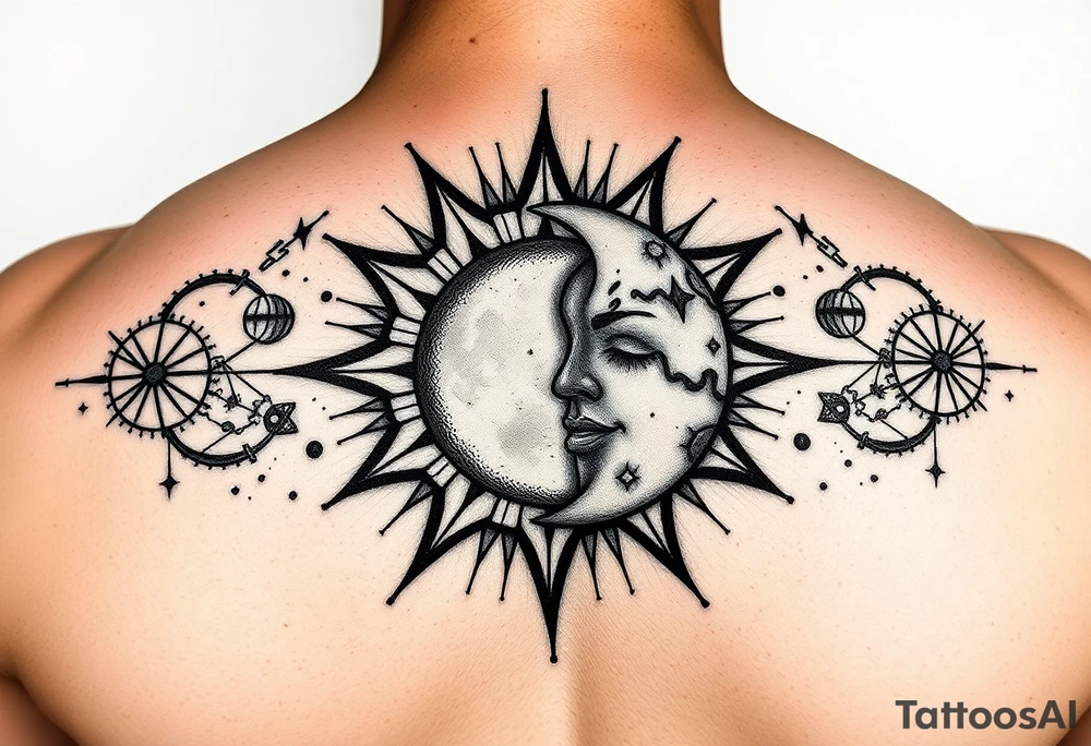 celestial sun and moon embrace with constellation patterns tattoo idea celestial sun and moon embrace with constellation patterns tattoo idea