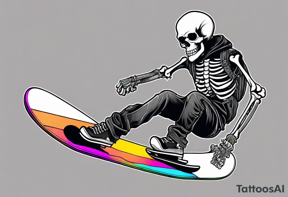 Black and grey skeleton riding a colorful snowboard doing a tail grab with a shot of whiskey in its hand tattoo idea