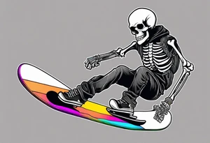 Black and grey skeleton riding a colorful snowboard doing a tail grab with a shot of whiskey in its hand tattoo idea