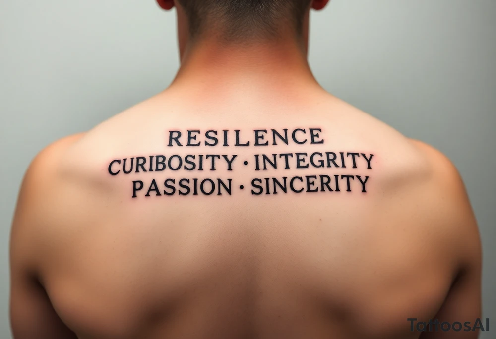 RESILIENCE CURIOSITY INTEGRITY
PASSION SINCERITY CONFIDENCE
RELIABILITY COMPASSION SINCERITY
HONESTY PERSEVERANCE DETERMINATION tattoo idea