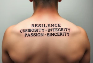 RESILIENCE CURIOSITY INTEGRITY
PASSION SINCERITY CONFIDENCE
RELIABILITY COMPASSION SINCERITY
HONESTY PERSEVERANCE DETERMINATION tattoo idea