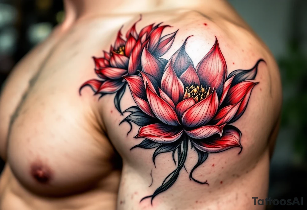 two lotus flowers intertwined (red and black) tattoo idea