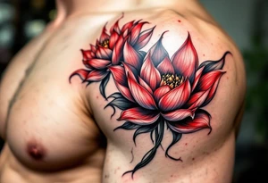 two lotus flowers intertwined (red and black) tattoo idea