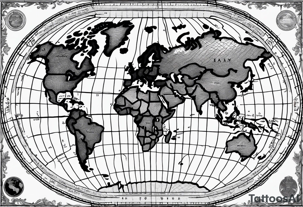 the earth on a flat map with no shading placed on a grid with only the lines with accurate depictions of the borders in countries while having it in an oval/circular position on a grid without any borders on the sides while having the countries not have such bold borders tattoo idea