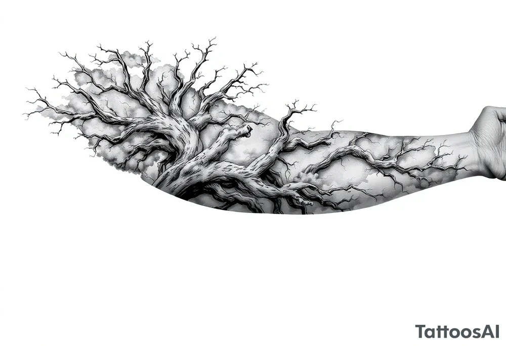 right arm sleeve, giant tree branch made of stone, clouds and lightning mixed throughout, tattoo idea