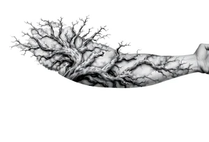 right arm sleeve, giant tree branch made of stone, clouds and lightning mixed throughout, tattoo idea