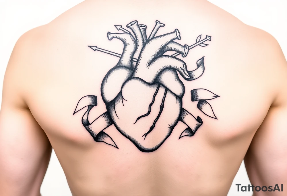 anatomical heart pierced by ornate arrow with flowing ribbons tattoo idea