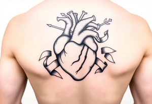 anatomical heart pierced by ornate arrow with flowing ribbons tattoo idea