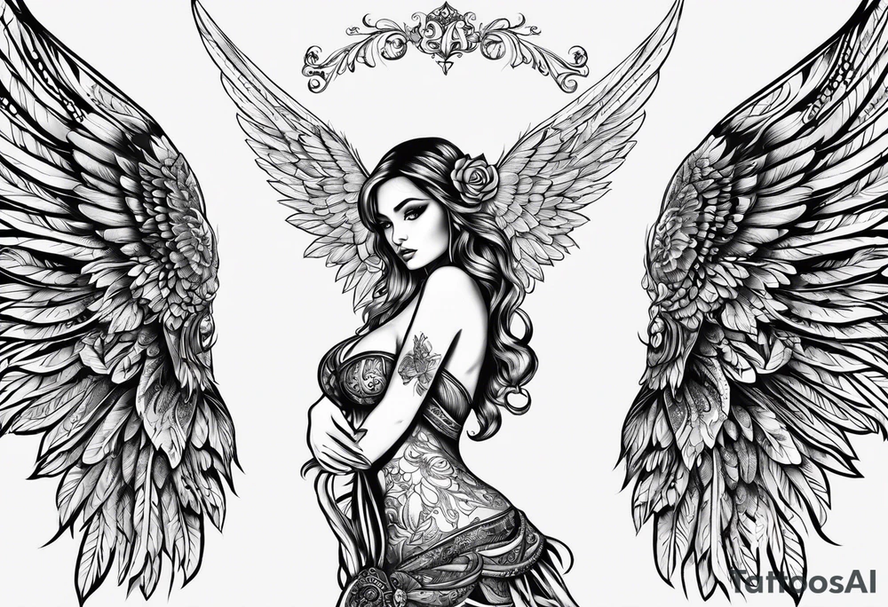 Tattooed Angel with The name « Leah » is written in gothic letters. The style is like the Mexican style tattoo idea