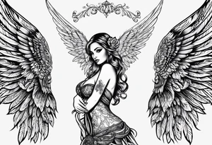 Tattooed Angel with The name « Leah » is written in gothic letters. The style is like the Mexican style tattoo idea
