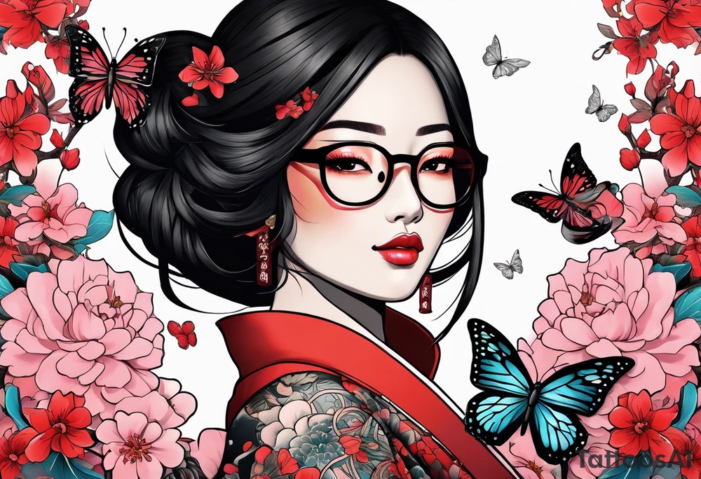 Japanese-style tattoo Black dark-skinned Female with glasses with butterflies and sakura blossoms around her with the lettering " Nisha " Underneath. tattoo idea