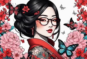 Japanese-style tattoo Black dark-skinned Female with glasses with butterflies and sakura blossoms around her with the lettering " Nisha " Underneath. tattoo idea