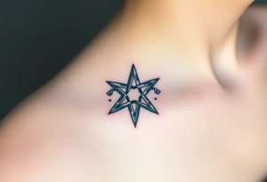 An icy pentagram with sharp crystal edges, surrounded by a cold mist and floating frost particles. tattoo idea