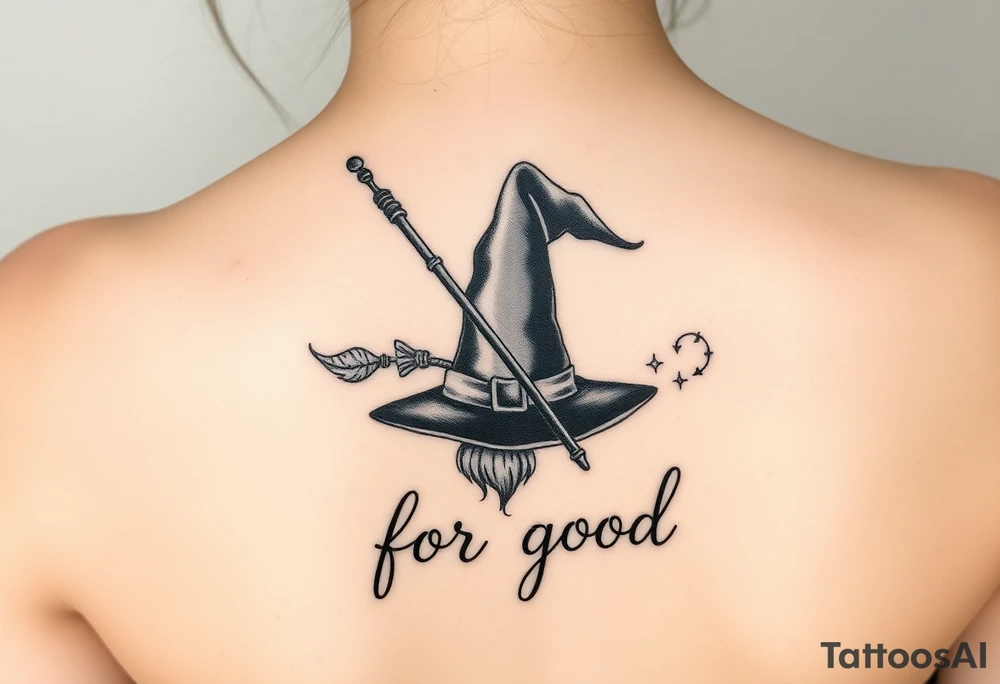 Wicked theme with a wand & broom crossing each other, then a witch hat. Then the lettering “for good” tattoo idea