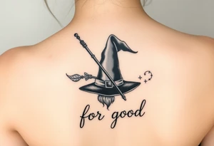 Wicked theme with a wand & broom crossing each other, then a witch hat. Then the lettering “for good” tattoo idea