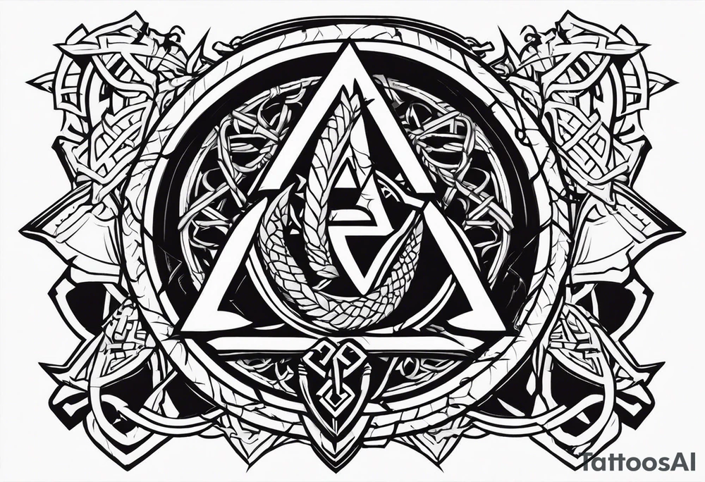 Valhalla sword shield dragon axe Valknut barbed wire chains tattoo idea Valhalla sword shield dragon axe Valknut barbed wire chains tattoo idea