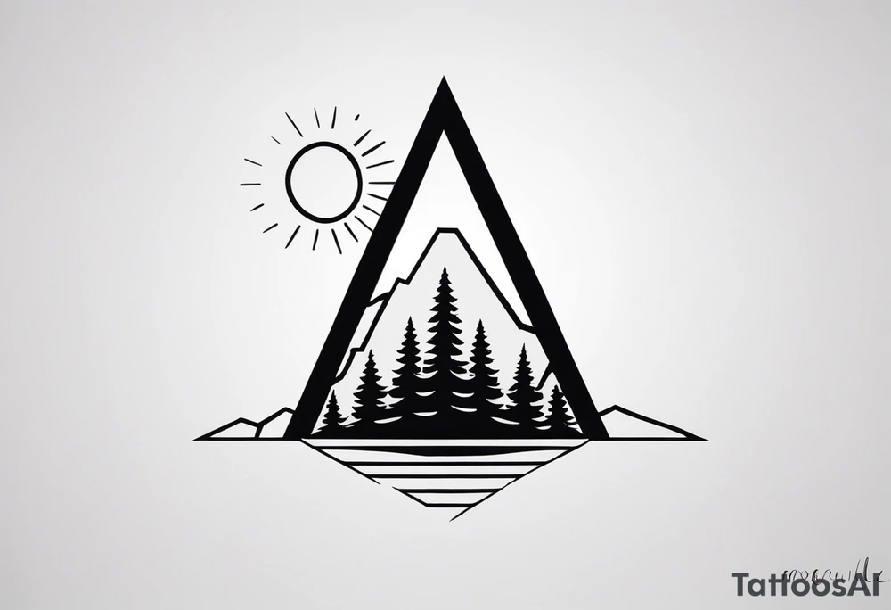 Create a tattoo in a minimalistic style, including a vertical line symbolizing a path or journey. The design should include the following elements: the image of a fir tree at the top, the outline of a mountain in the center, and the sun with rays at the bottom. All elements should be done in black outlines without filling, creating a clean and elegant image. tattoo idea